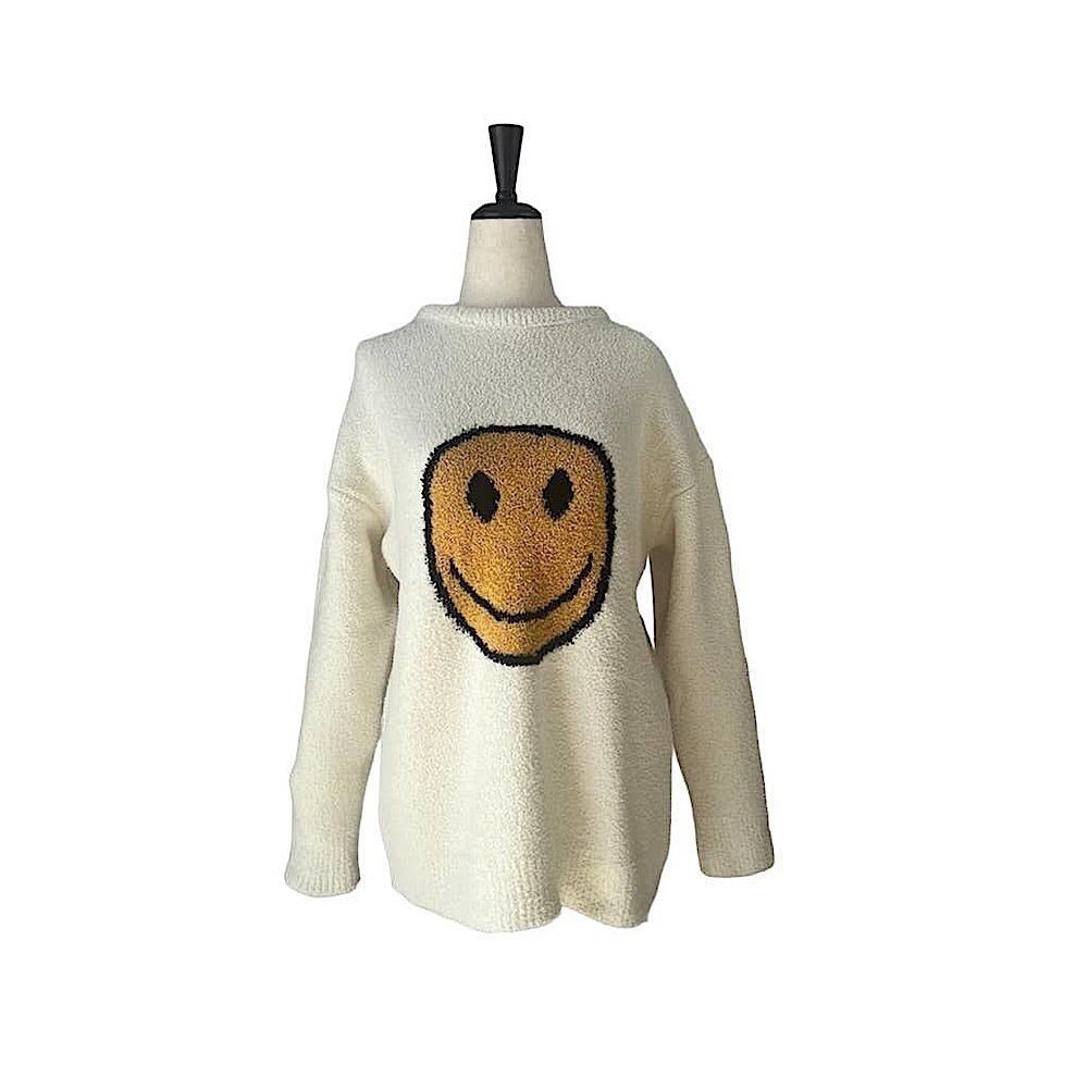 Smiley Face Microfiber Crew Neck Sweater